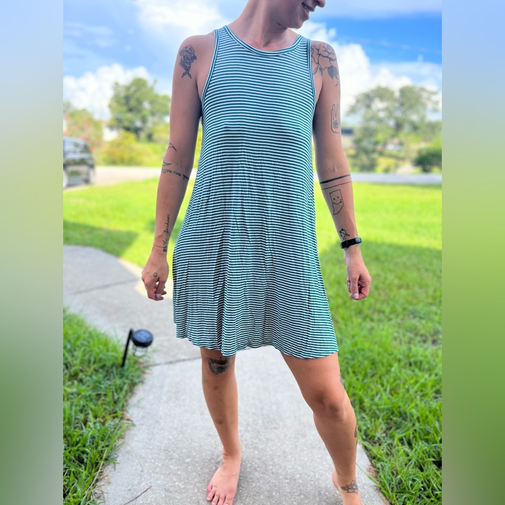 Green and White striped dress